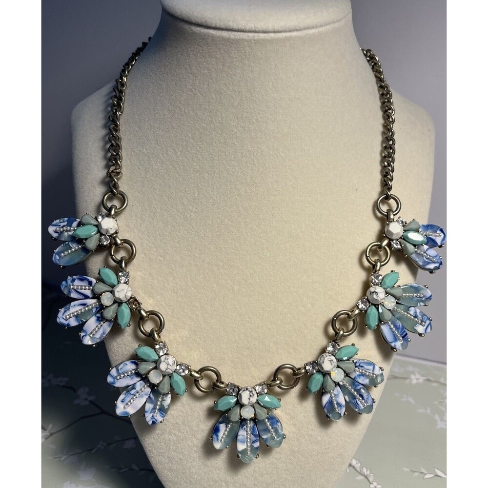 J Crew Green Blue Rhinestone Statement Necklace Silver Tone Adjustable Chain VTG